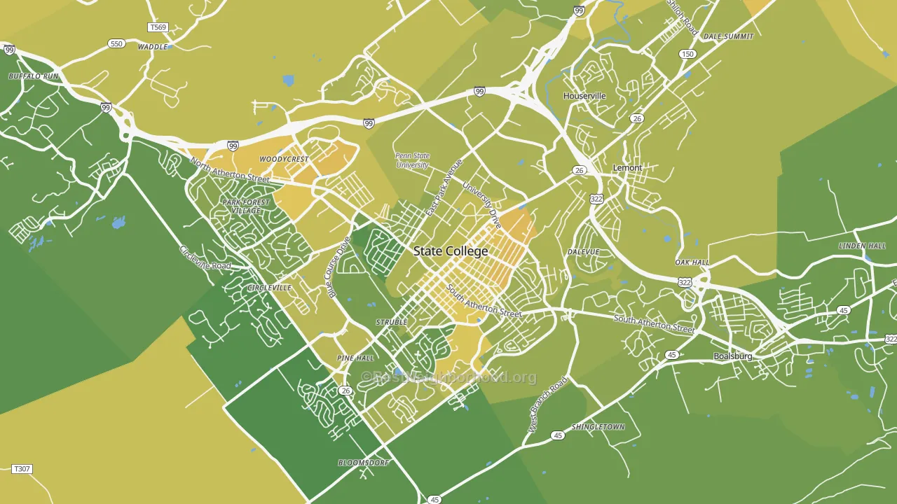 Map of the best neighborhoods in the State College Metro area, with better matches in green and worse matches in red