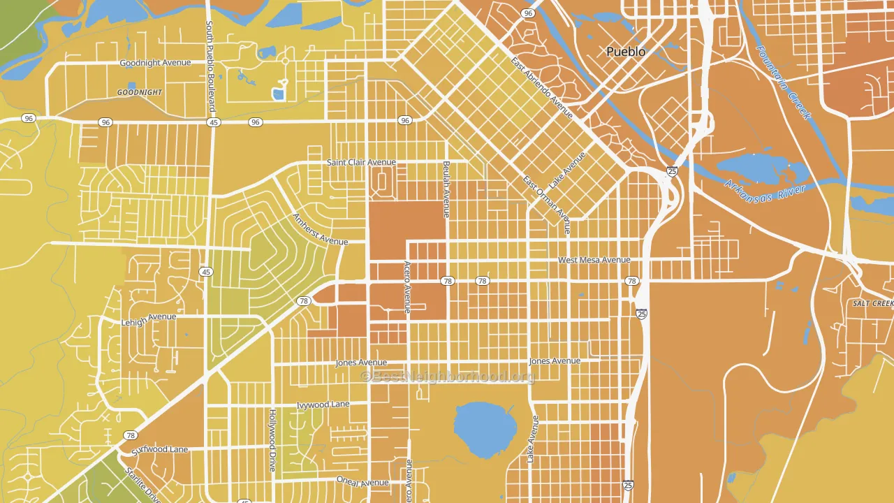 Map of the best neighborhoods in the State Fair, Pueblo area, with better matches in green and worse matches in red
