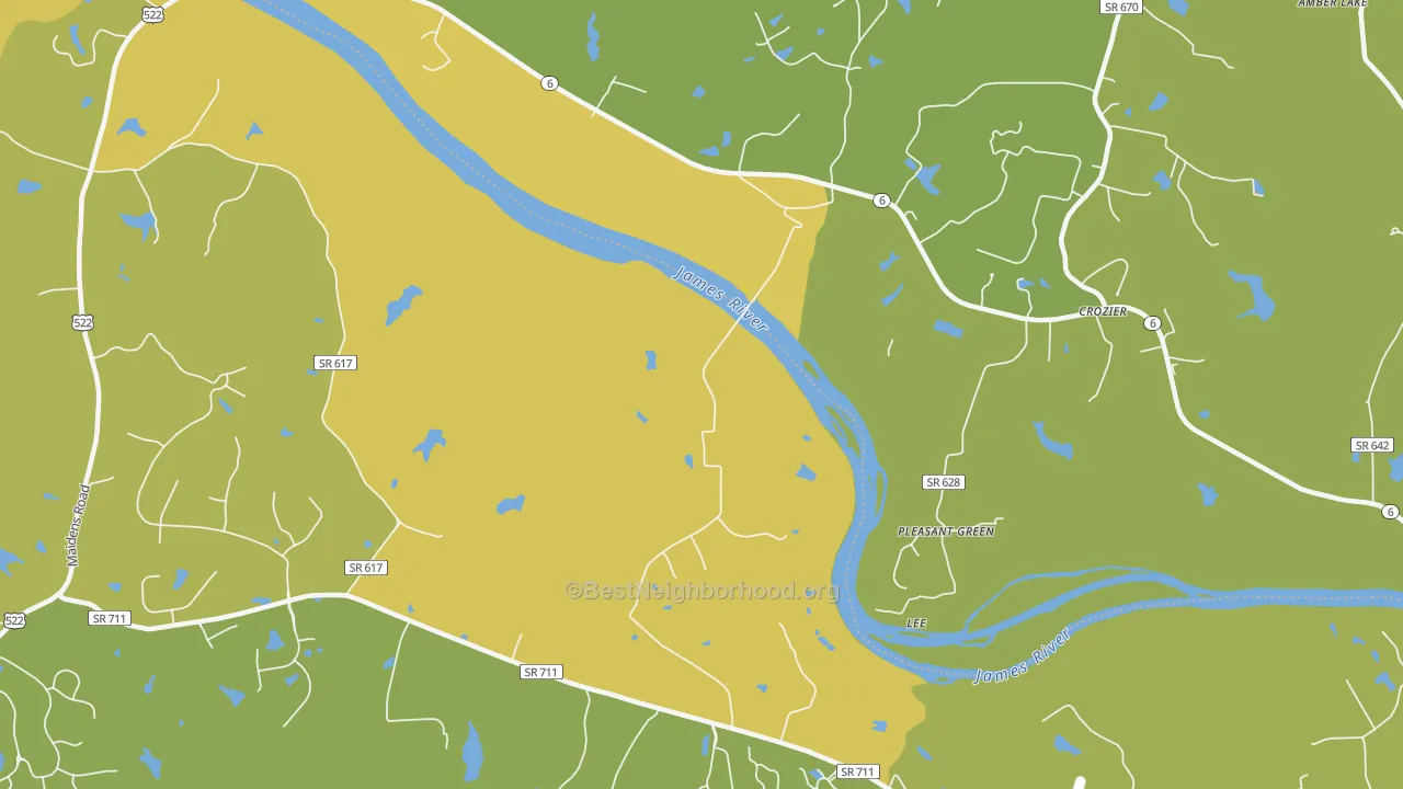 Map of the best neighborhoods in the State Farm area, with better matches in green and worse matches in red
