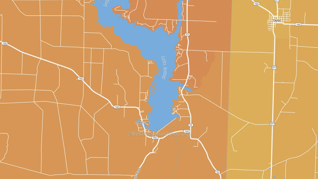 Map of the best neighborhoods in the State Line area, with better matches in green and worse matches in red