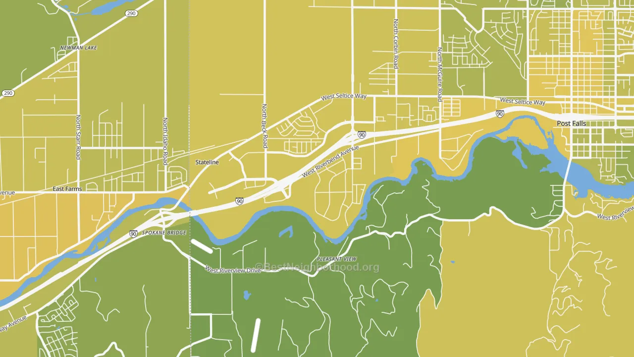 Map of the best neighborhoods in the State Line area, with better matches in green and worse matches in red
