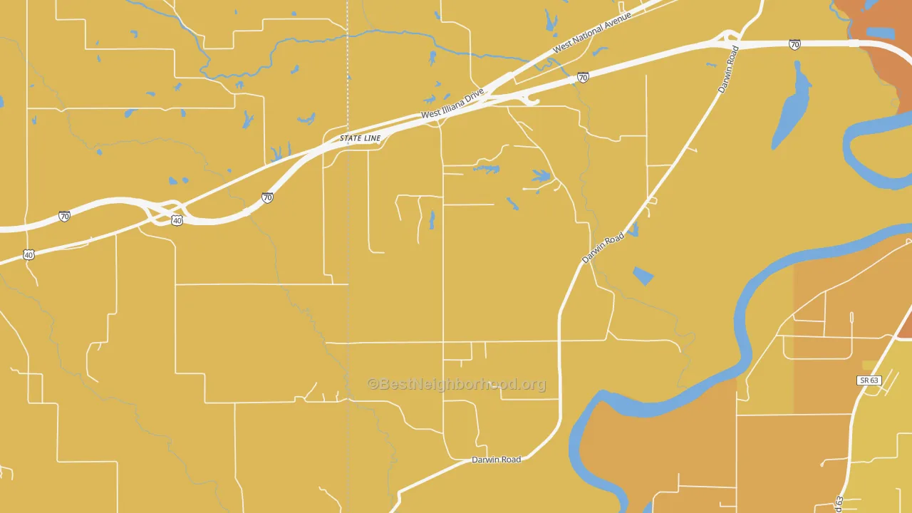 Map of the best neighborhoods in the State Line area, with better matches in green and worse matches in red