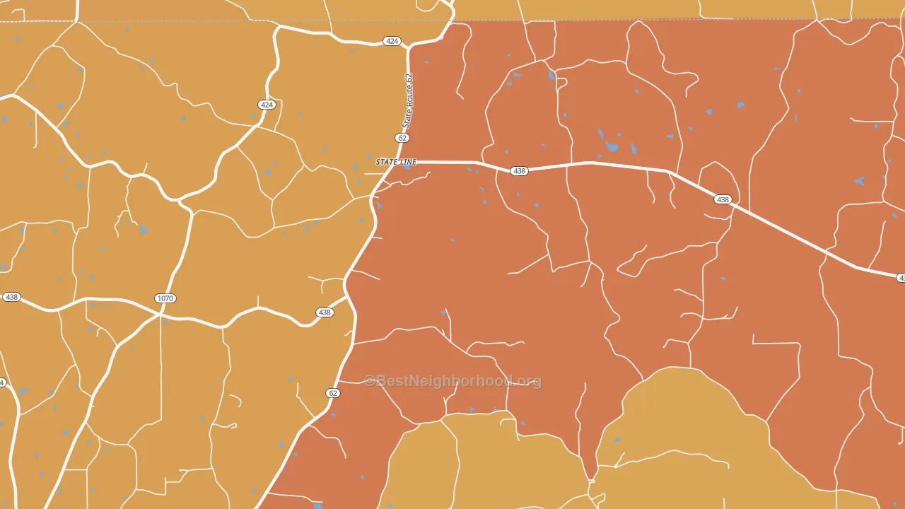 Map of the best neighborhoods in the State Line area, with better matches in green and worse matches in red