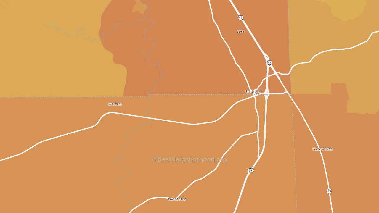 Map of the best neighborhoods in the State Line area, with better matches in green and worse matches in red