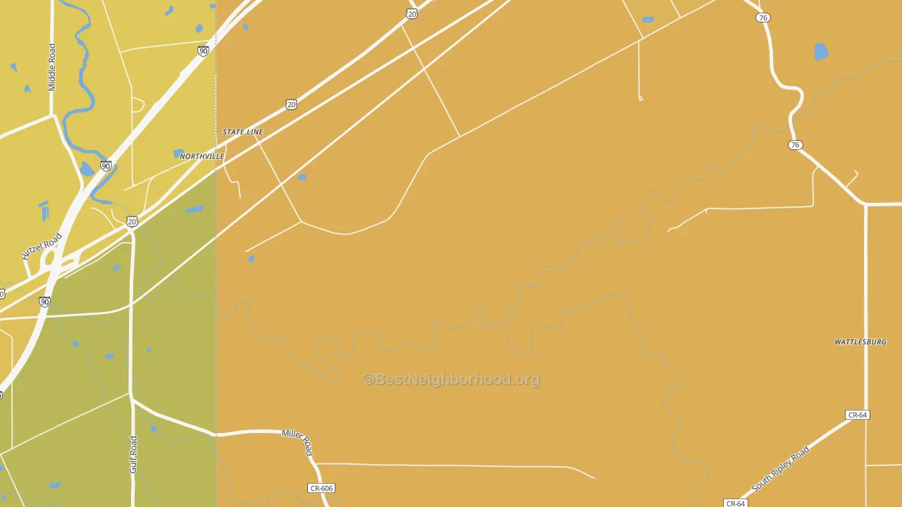 Map of the best neighborhoods in the State Line area, with better matches in green and worse matches in red