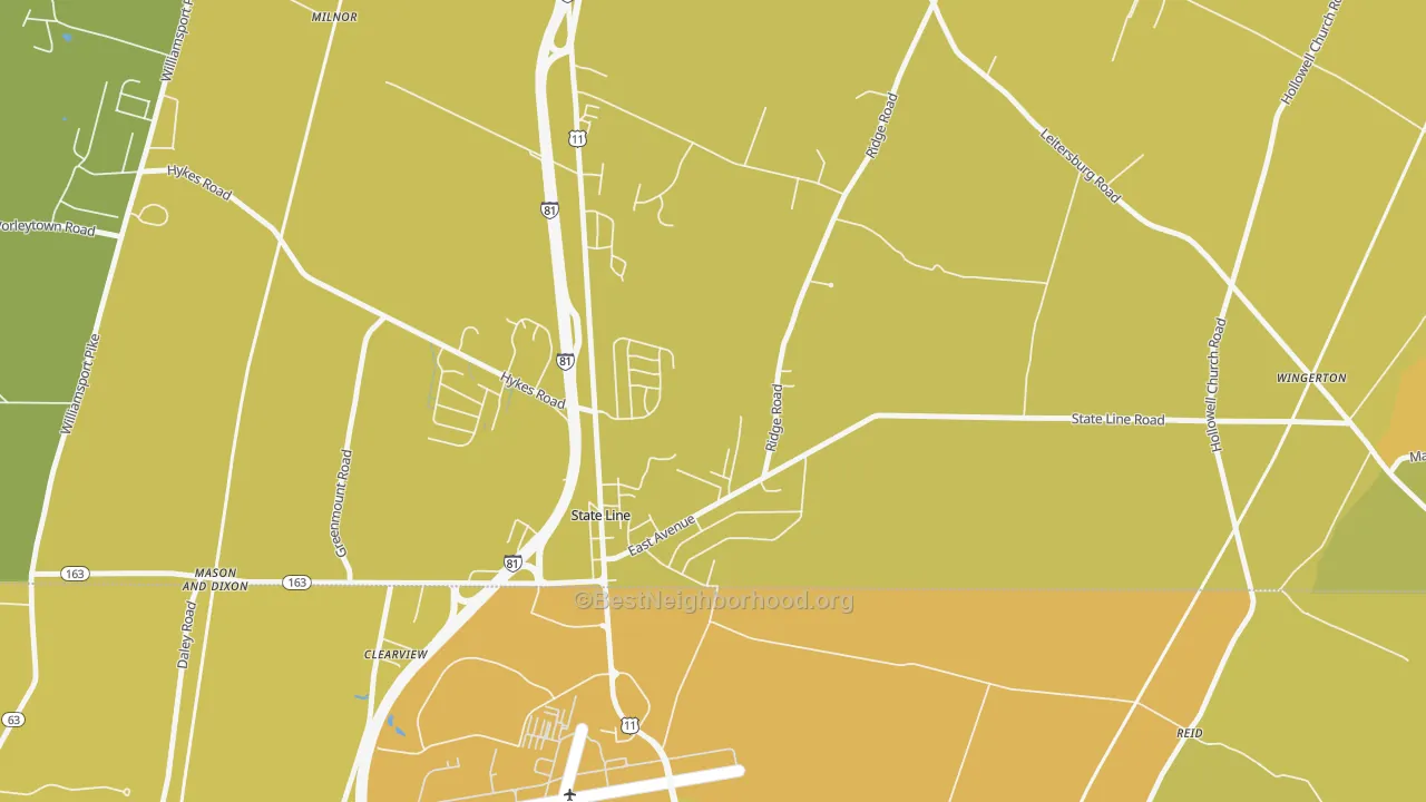 Map of the best neighborhoods in the State Line area, with better matches in green and worse matches in red