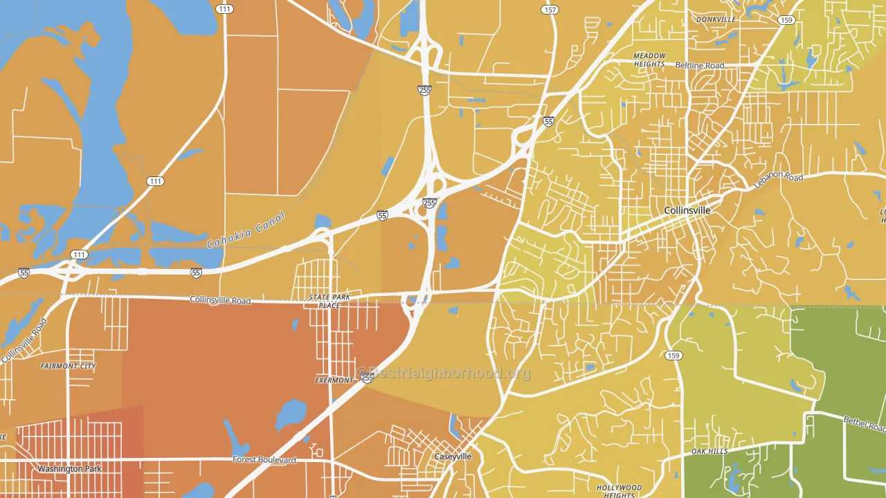 Map of the best neighborhoods in the State Park Place area, with better matches in green and worse matches in red