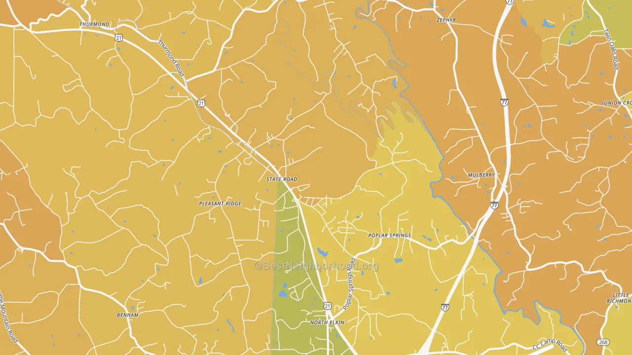 Map of the best neighborhoods in the State Road area, with better matches in green and worse matches in red