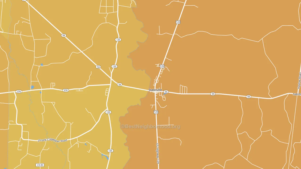 Map of the best neighborhoods in the Statenville area, with better matches in green and worse matches in red