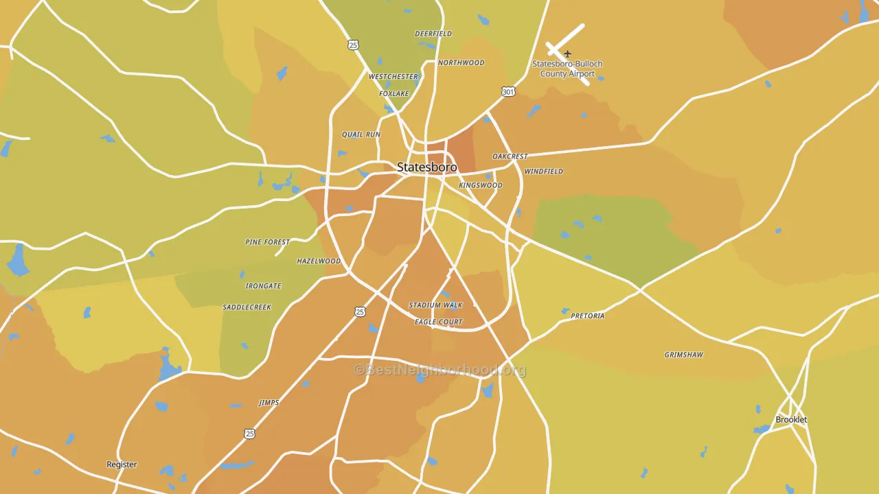 Map of the best neighborhoods in the Statesboro area, with better matches in green and worse matches in red
