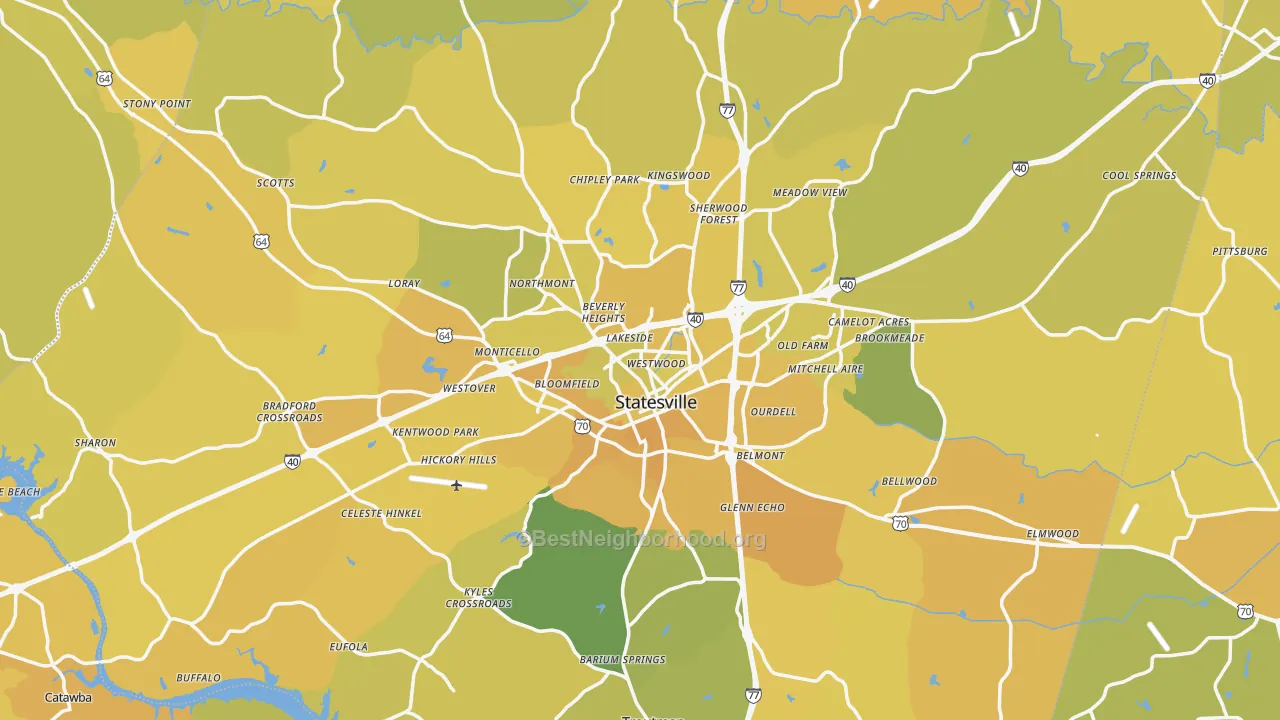 Map of the best neighborhoods in the Statesville area, with better matches in green and worse matches in red