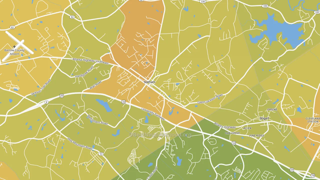 Map of the best neighborhoods in the Statham area, with better matches in green and worse matches in red
