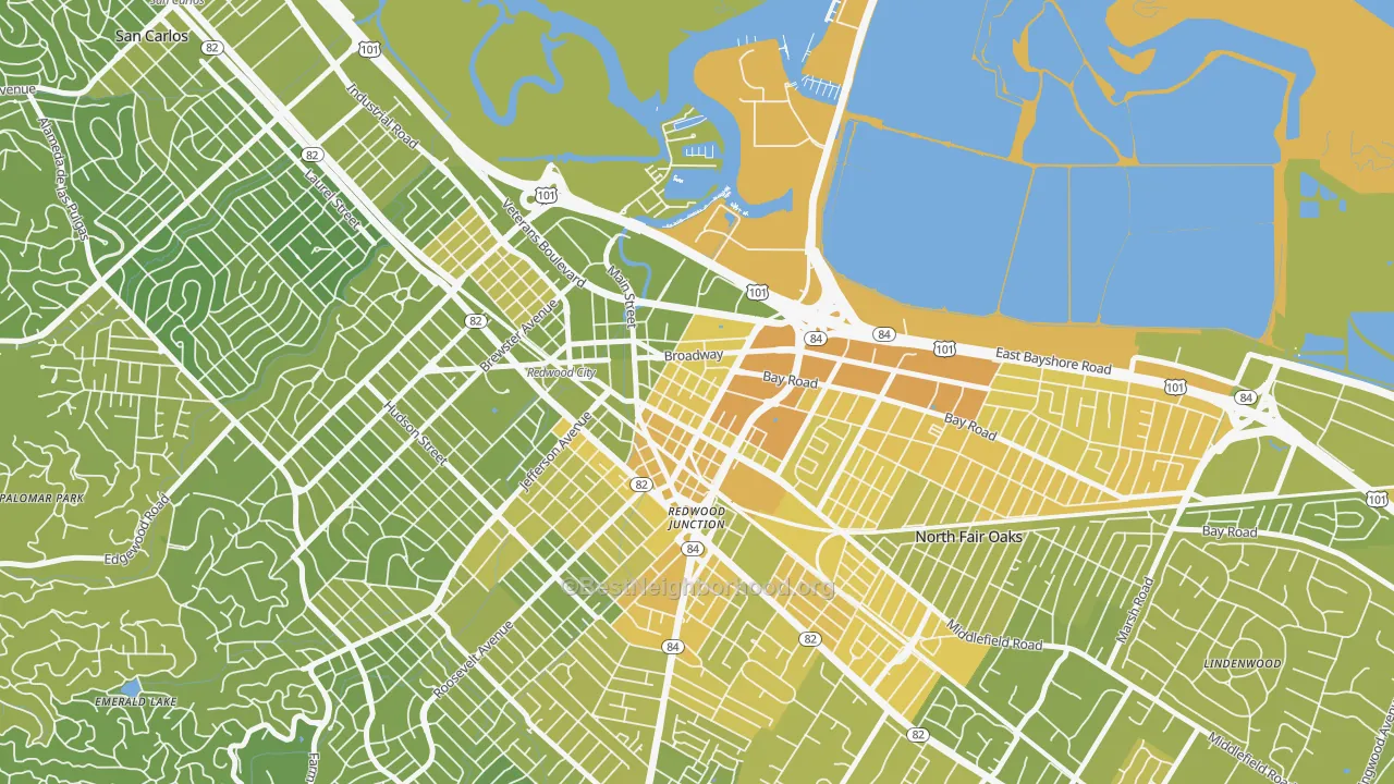 Map of the best neighborhoods in the Staumbaugh Heller, Redwood City area, with better matches in green and worse matches in red