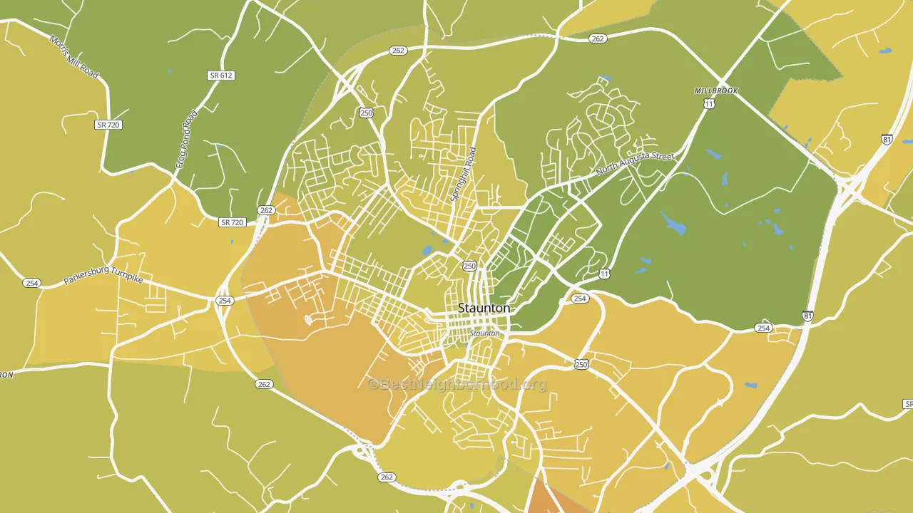 Map of the best neighborhoods in the Staunton City area, with better matches in green and worse matches in red