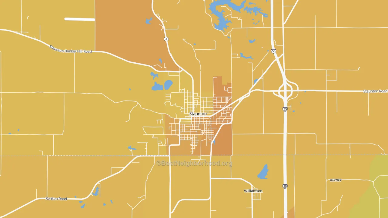 Map of the best neighborhoods in the Staunton area, with better matches in green and worse matches in red