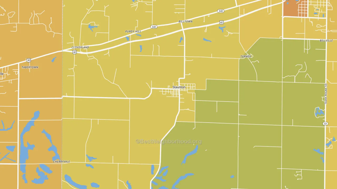Map of the best neighborhoods in the Staunton area, with better matches in green and worse matches in red