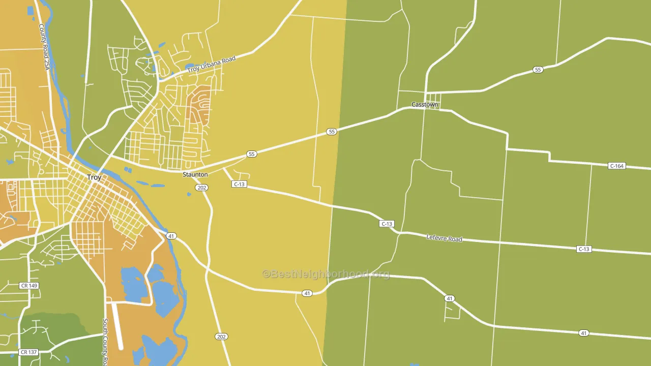 Map of the best neighborhoods in the Staunton area, with better matches in green and worse matches in red