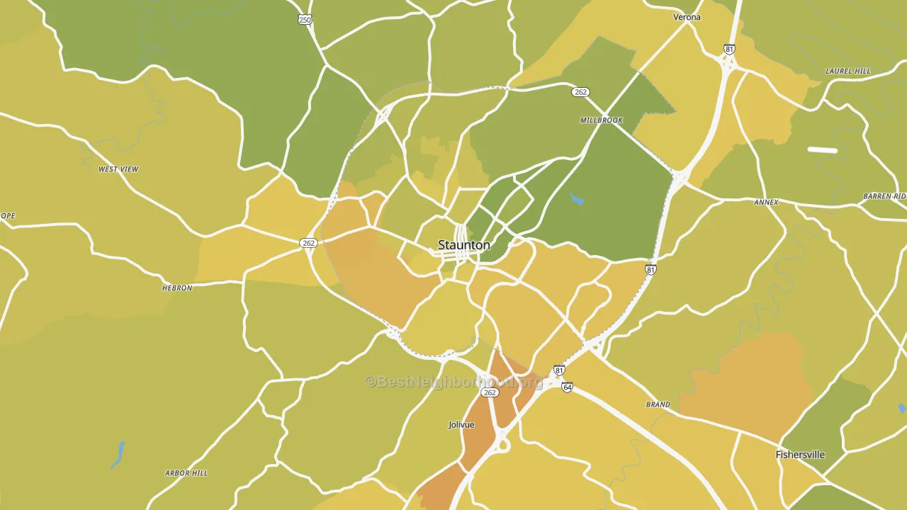 Map of the best neighborhoods in the Staunton Metro area, with better matches in green and worse matches in red