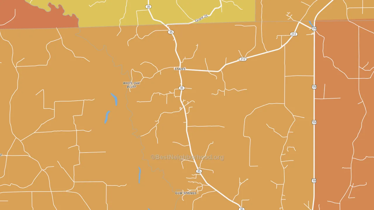 Map of the best neighborhoods in the Staves area, with better matches in green and worse matches in red