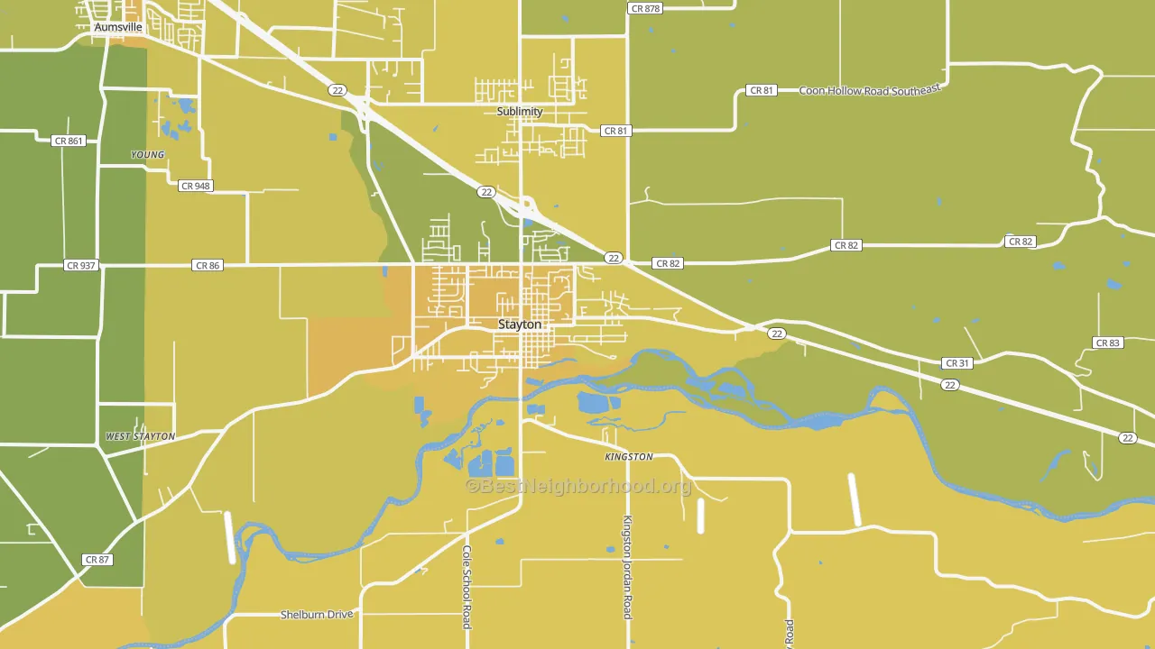 Map of the best neighborhoods in the Stayton area, with better matches in green and worse matches in red