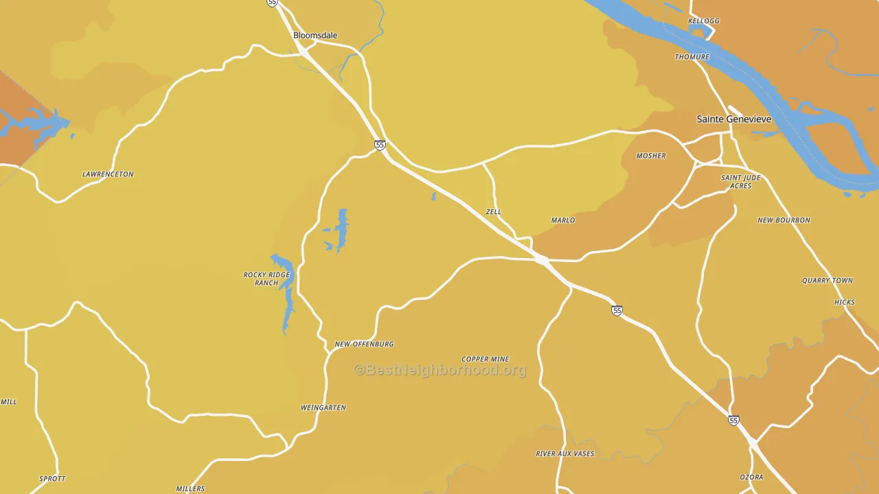 Map of the best neighborhoods in the Ste. Genevieve County area, with better matches in green and worse matches in red