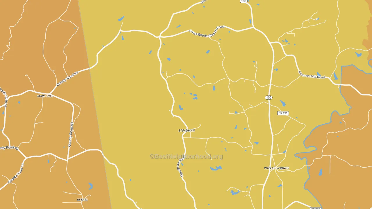 Map of the best neighborhoods in the Steadman area, with better matches in green and worse matches in red