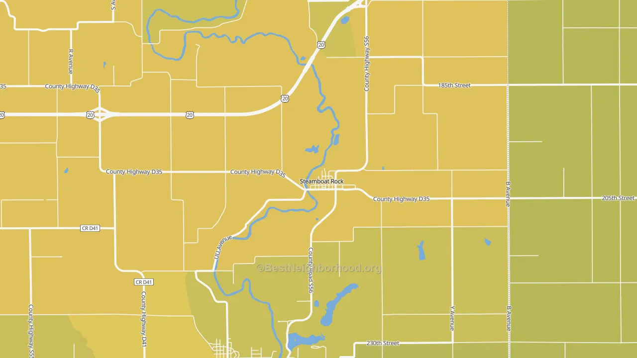 Map of the best neighborhoods in the Steamboat Rock area, with better matches in green and worse matches in red