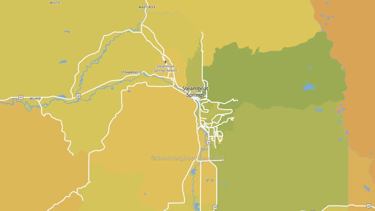 Map of the best neighborhoods in the Steamboat Springs area, with better matches in green and worse matches in red