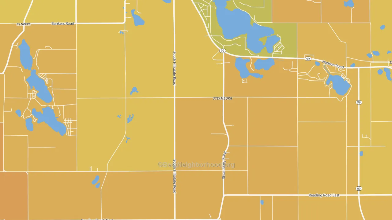 Map of the best neighborhoods in the Steamburg area, with better matches in green and worse matches in red