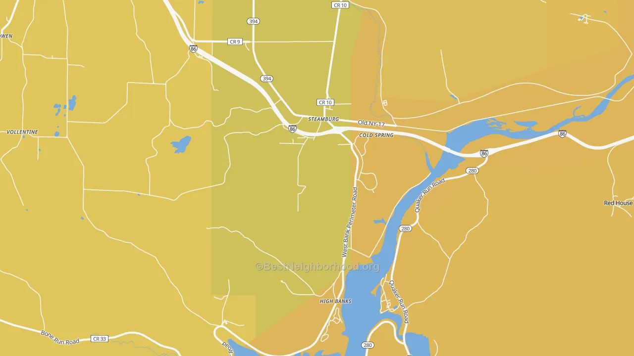 Map of the best neighborhoods in the Steamburg area, with better matches in green and worse matches in red