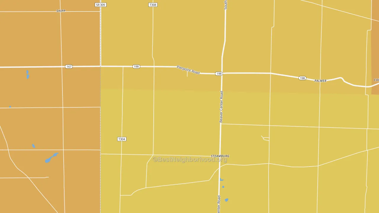 Map of the best neighborhoods in the Steamburg area, with better matches in green and worse matches in red