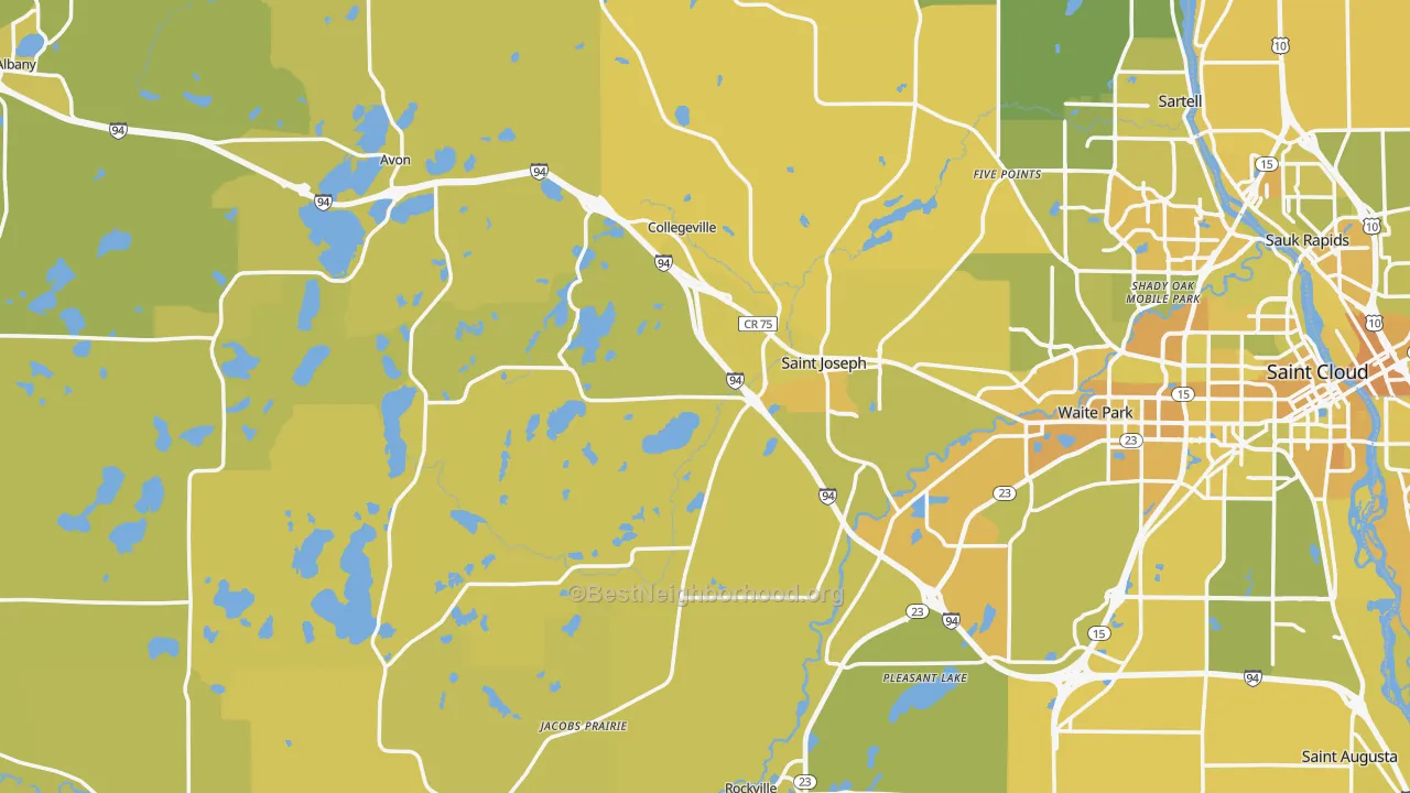 Map of the best neighborhoods in the Stearns County area, with better matches in green and worse matches in red