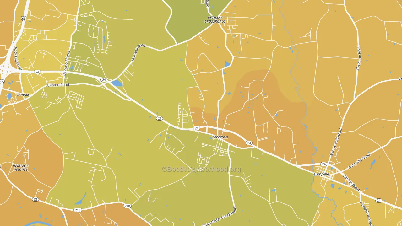Map of the best neighborhoods in the Stedman area, with better matches in green and worse matches in red