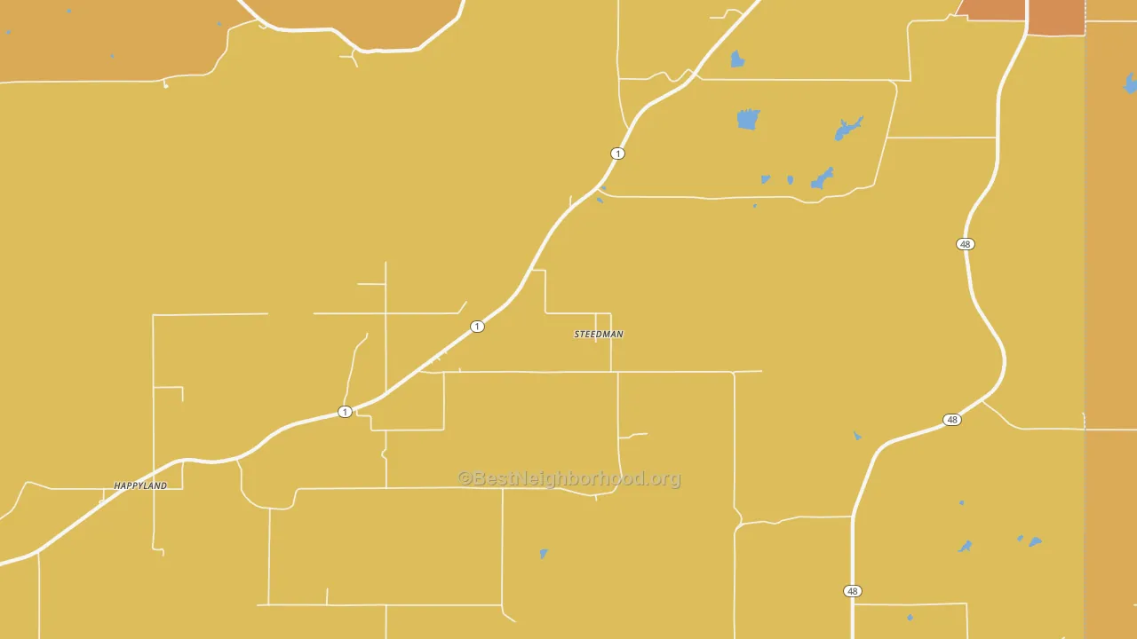 Map of the best neighborhoods in the Steedman area, with better matches in green and worse matches in red