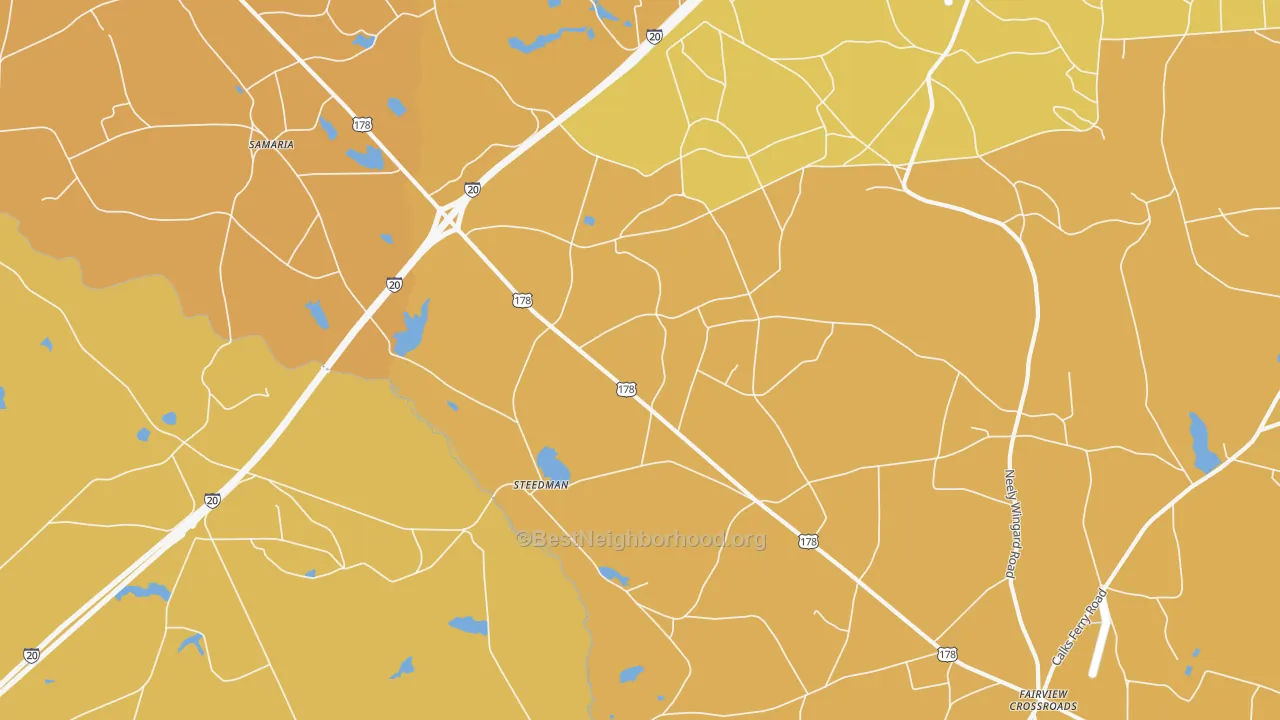 Map of the best neighborhoods in the Steedman area, with better matches in green and worse matches in red
