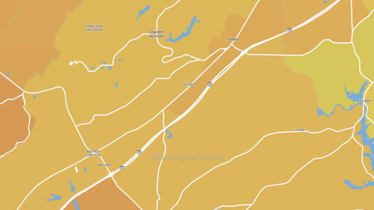 Map of the best neighborhoods in the Steele area, with better matches in green and worse matches in red