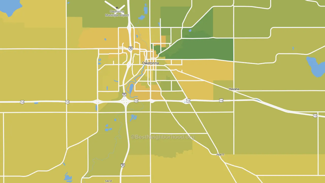 Map of the best neighborhoods in the Steele County area, with better matches in green and worse matches in red