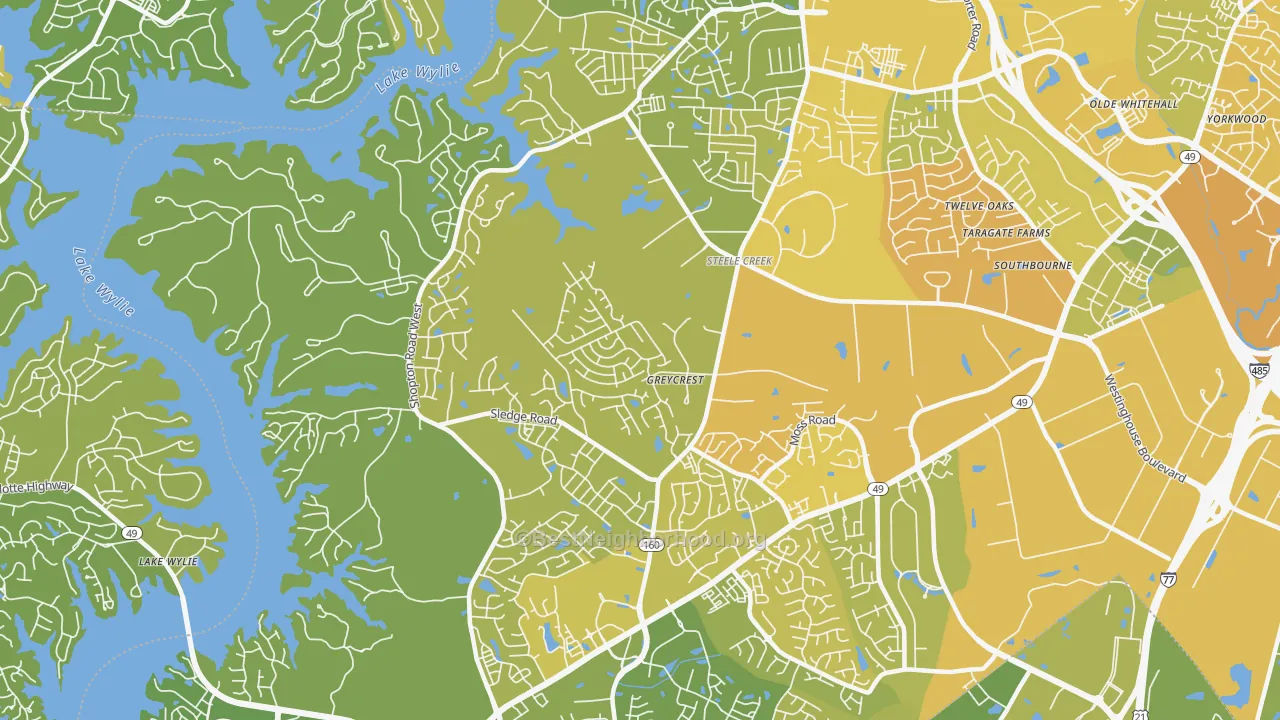 Map of the best neighborhoods in the Steele Creek, Charlotte area, with better matches in green and worse matches in red