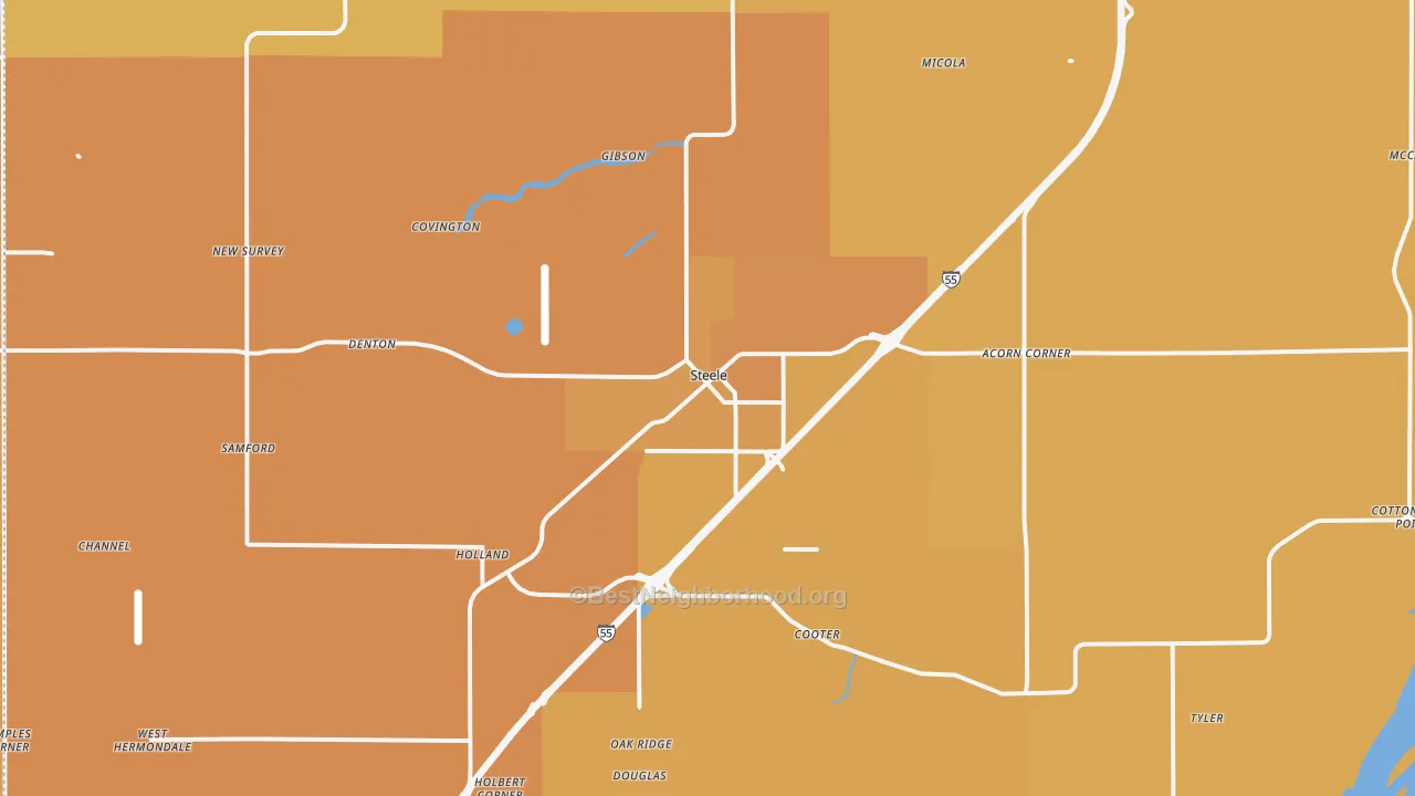 Map of the best neighborhoods in the Steele area, with better matches in green and worse matches in red