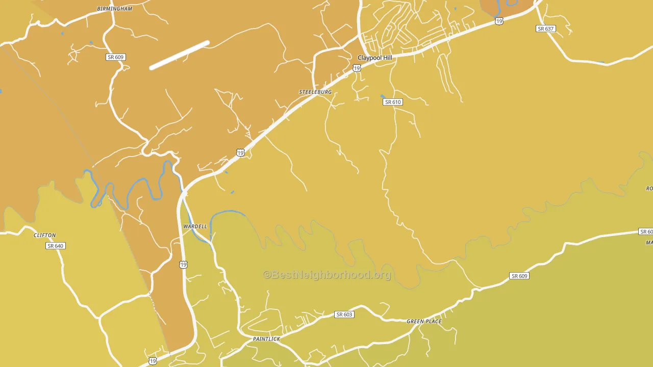 Map of the best neighborhoods in the Steeleburg area, with better matches in green and worse matches in red
