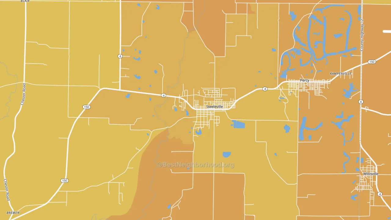 Map of the best neighborhoods in the Steeleville area, with better matches in green and worse matches in red