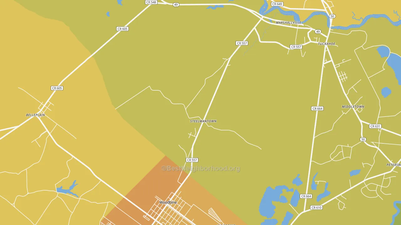 Map of the best neighborhoods in the Steelmantown area, with better matches in green and worse matches in red