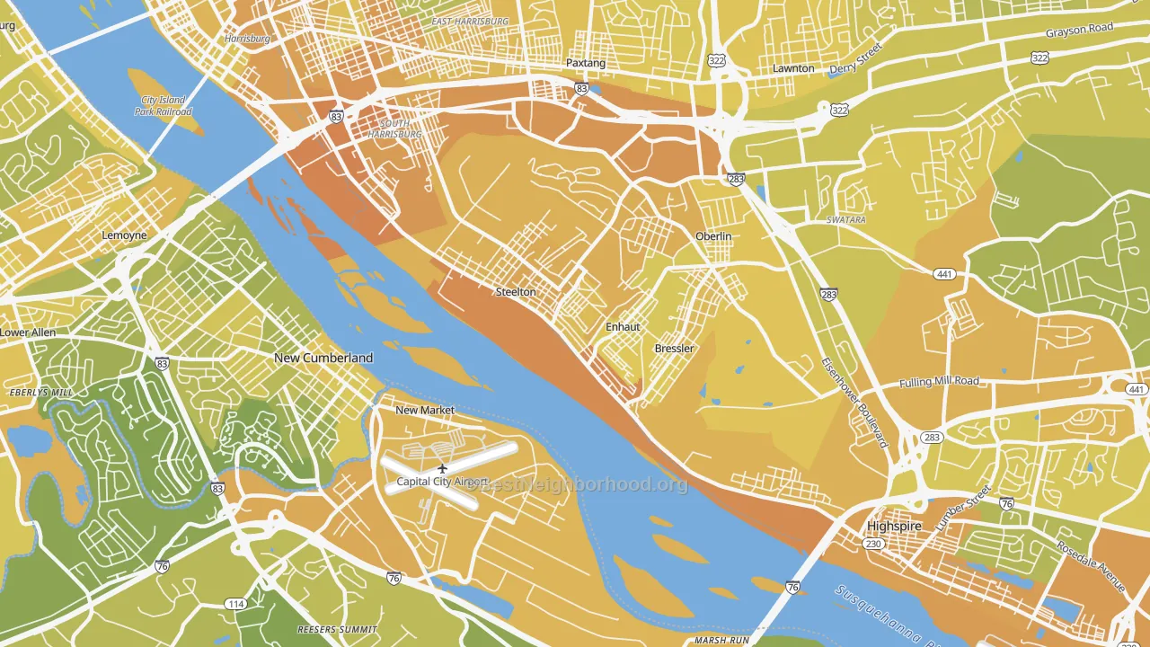 Map of the best neighborhoods in the Steelton area, with better matches in green and worse matches in red