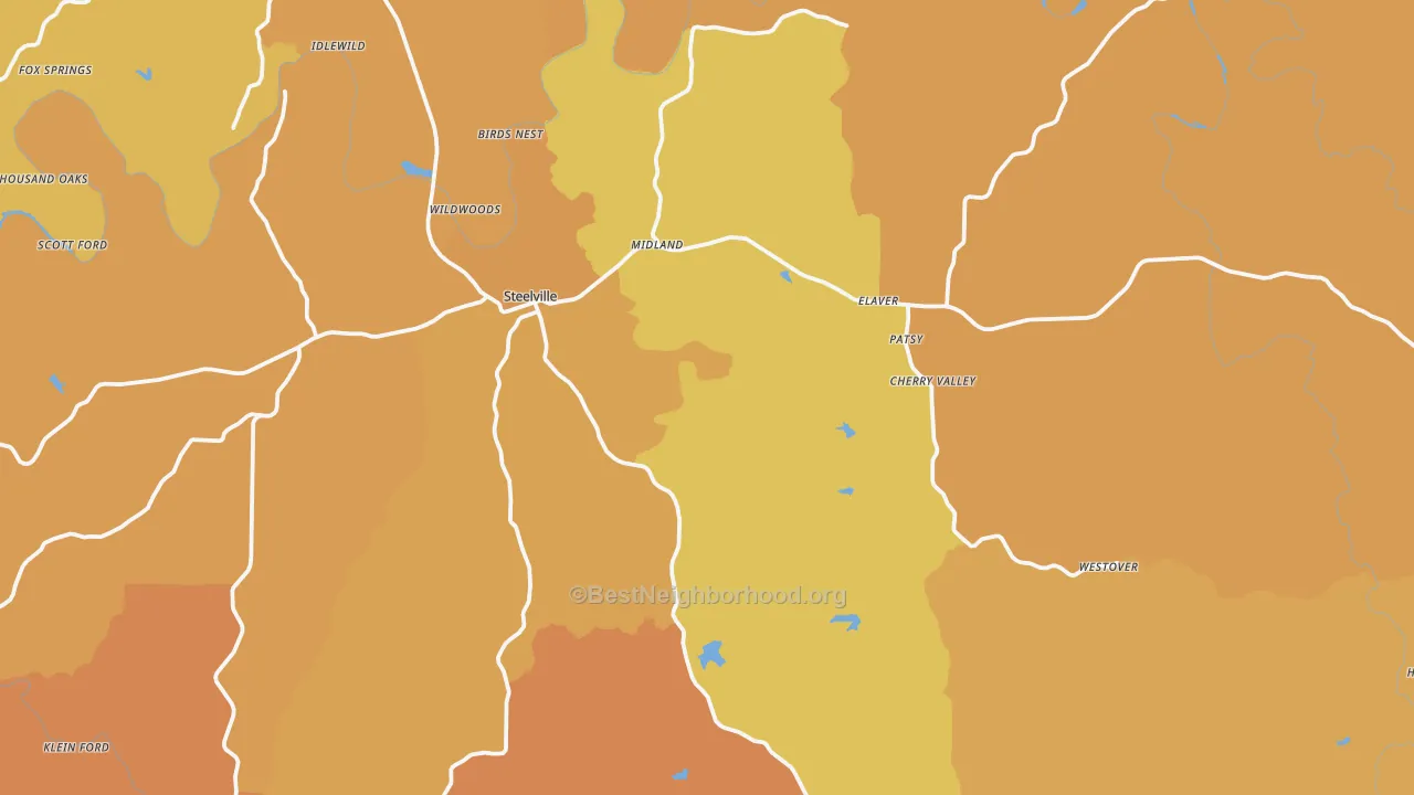 Map of the best neighborhoods in the Steelville area, with better matches in green and worse matches in red