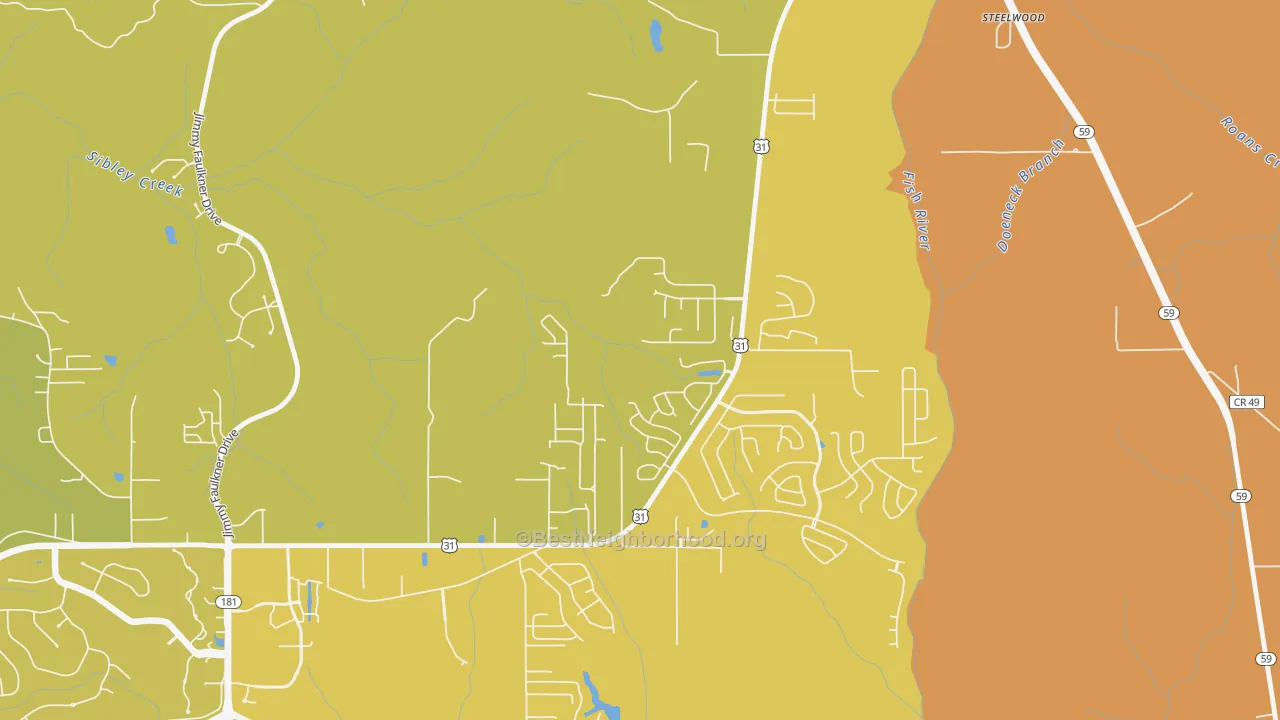 Map of the best neighborhoods in the Steelwood area, with better matches in green and worse matches in red