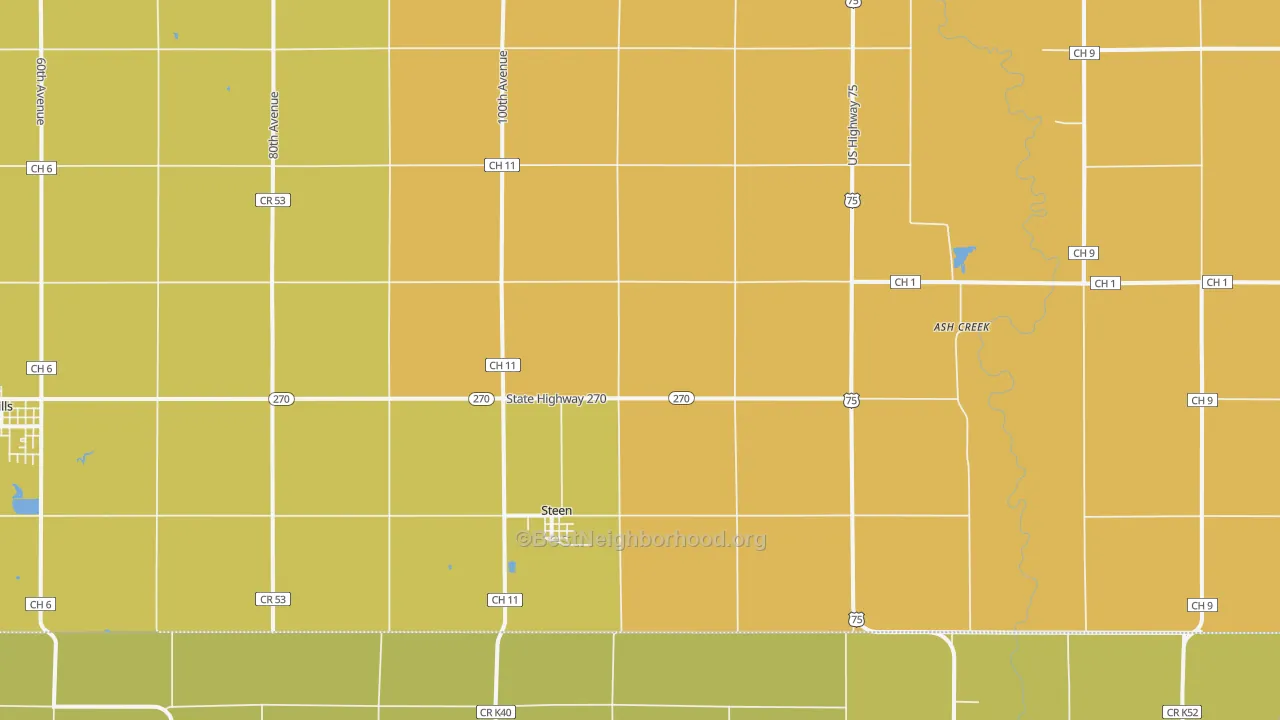 Map of the best neighborhoods in the Steen area, with better matches in green and worse matches in red