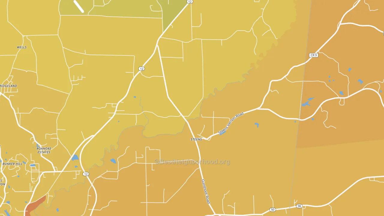 Map of the best neighborhoods in the Steens area, with better matches in green and worse matches in red