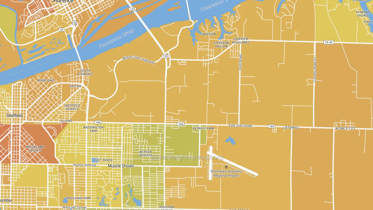 Map of the best neighborhoods in the Steenson Hollow area, with better matches in green and worse matches in red