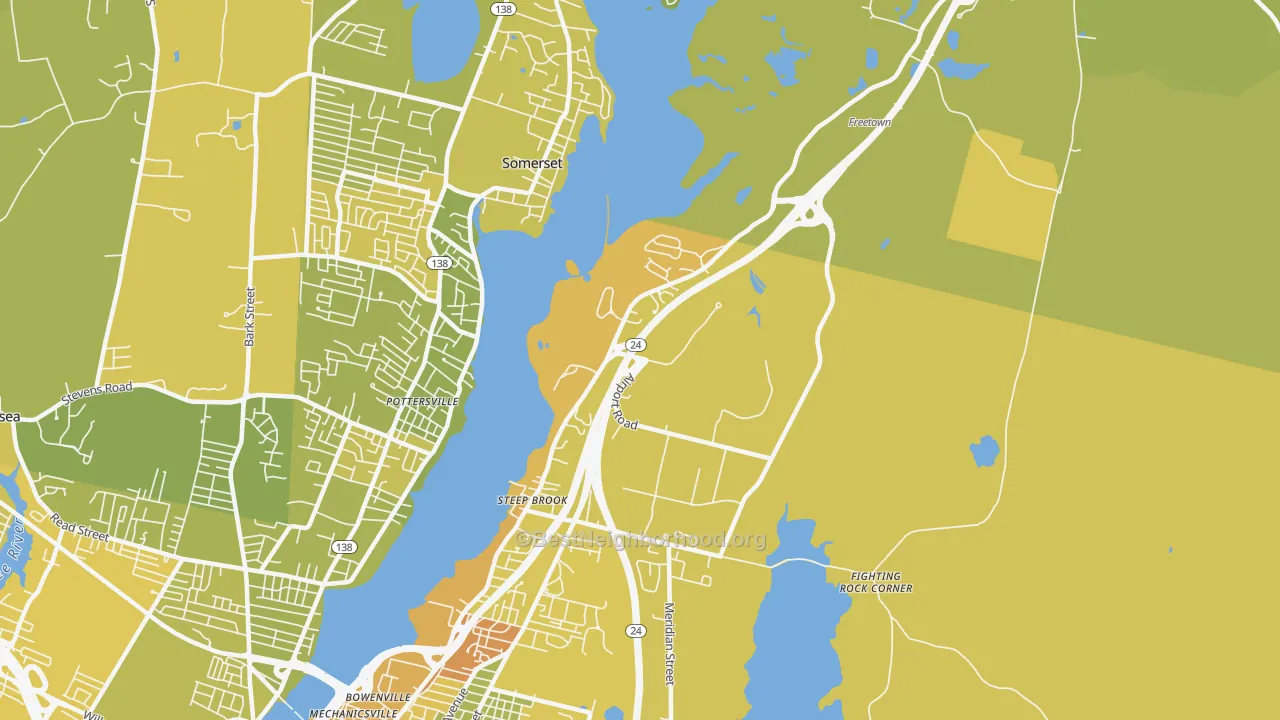 Map of the best neighborhoods in the Steep Brook, Fall River area, with better matches in green and worse matches in red