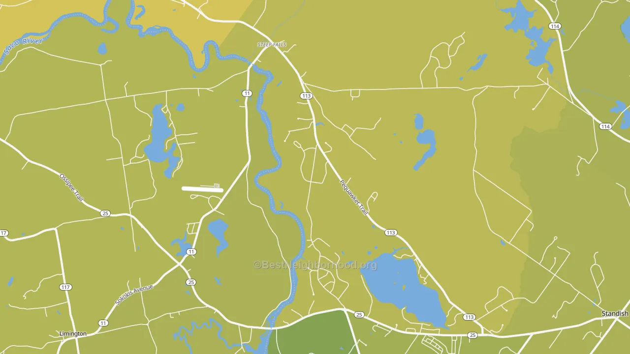 Map of the best neighborhoods in the Steep Falls area, with better matches in green and worse matches in red